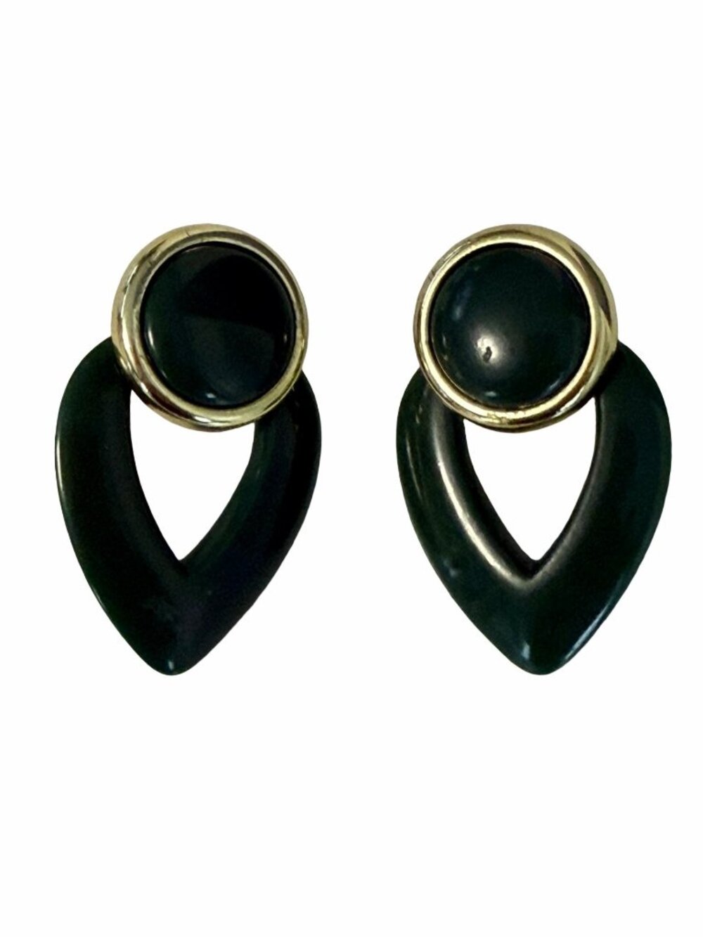 Vintage Forest Green Drop Earrings Gold Tone Round Cabochon Modernist Dangle